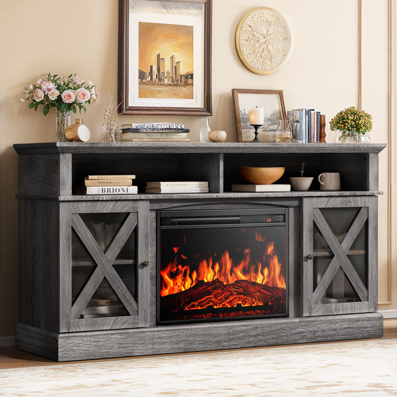 Jinora Farmhouse TV Stand For TVs Up To 70" With Electric Fireplace Included