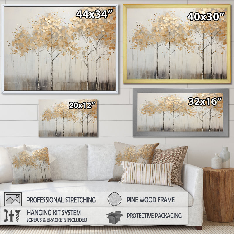 Minimalisme Golden Trees Tranquility - arbres, reproduction sur toile, 24" H x 32" W, Toile tendue