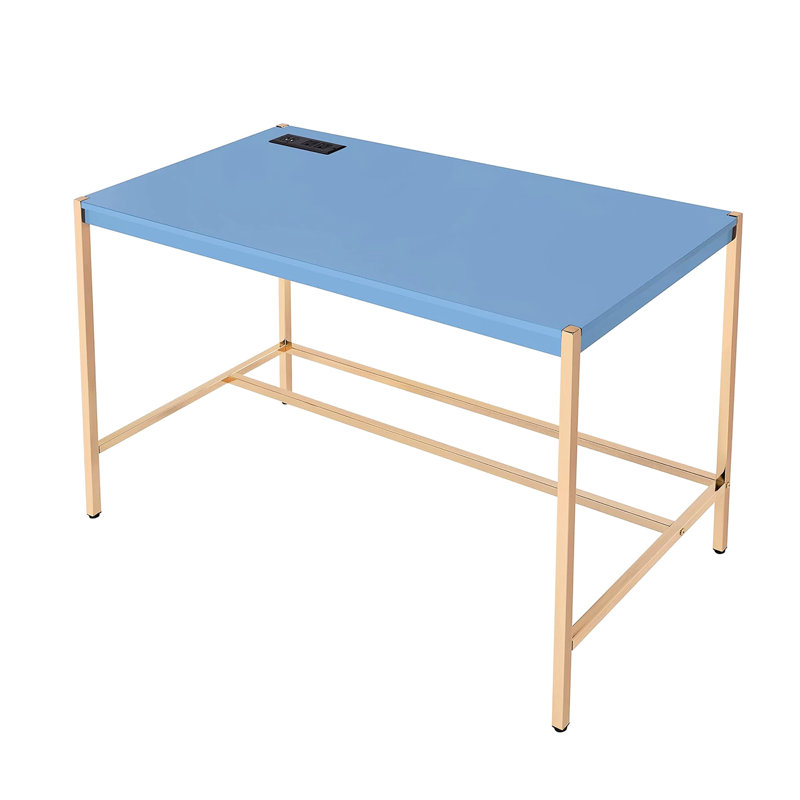Bureau rectangulaire, port, bleu marine, or, finition laquée brillante, plateau en bois, piètement en métal ouvert
