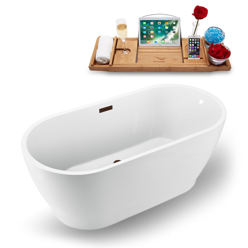 59" Streamline Freestanding Soaking Acrylic Bathtub With Drain and Bamboo Tray, Matte Oil Rubbed Bronze
