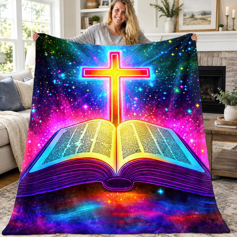 1pc Religious Cross Bible Throw Blanket, Spiritual Galaxy Nebula Design Flannel Blanket, Super Soft Cozy Lightweight Warm Blanket for Sofa Couch Bed Living Room Dorm Office Travel, Home Decor All-Season Gift