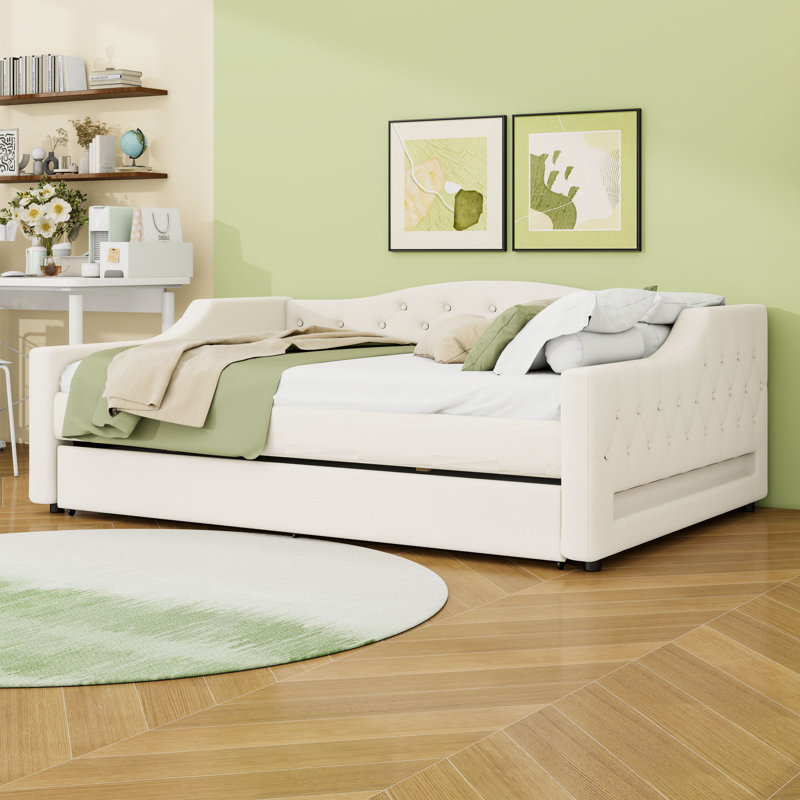 Full XL Upholstered Daybed with LED Belt and Trundle, Beige