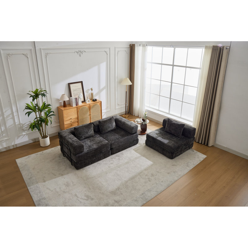 Canapé à compression, canapé-lit convertible au sol avec structure de forme fixe, canapé modulaire désossé modulaire, sans assemblage requis, tissu chenille, pour la chambre du salon, noir