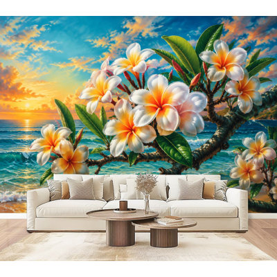 Décoration murale vibrante plumeria à motif de plage tropicale Sunset