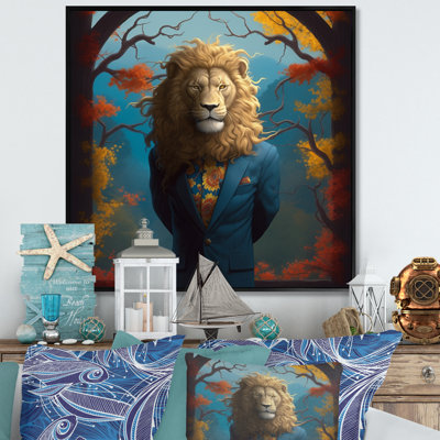 Lion jaune et bleu en costume sur toile