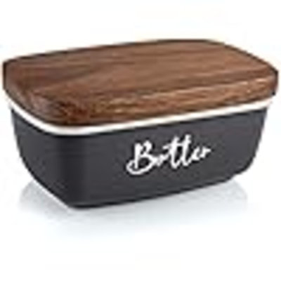 Gray Butter Dish,Large Ceramic Butter Dish With Lid For Countertop, Butter Container With Acacia Wooden Lid, Modern Country Kitchen Decor And Accessories For Counter, For Kitchen Gifts
