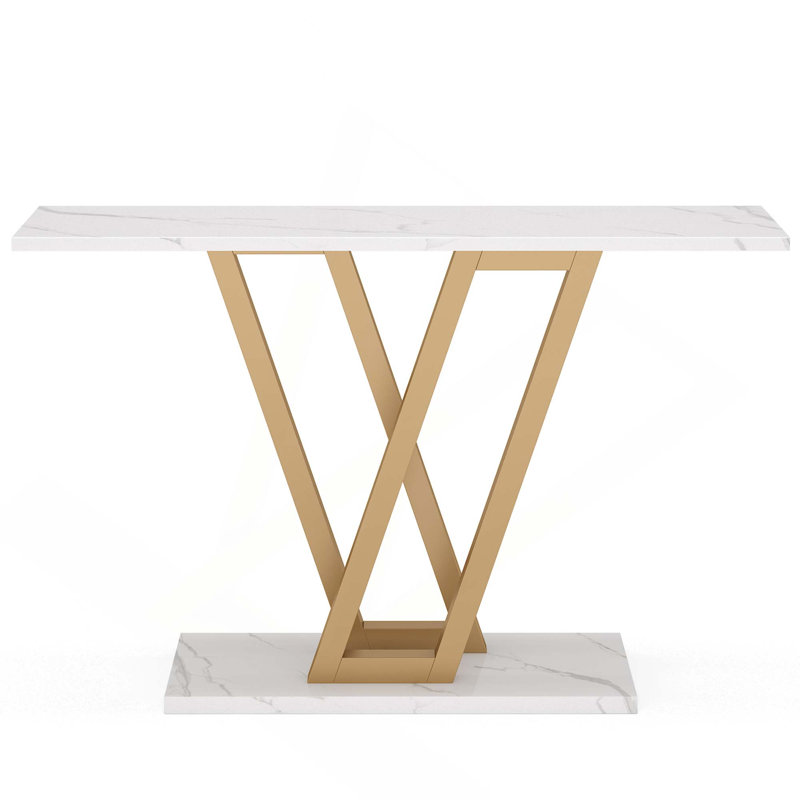 43 Inch Modern Console Table With Faux Marble Top And V-Leg Metal Frame For Hallway, Living Room Or Foyer