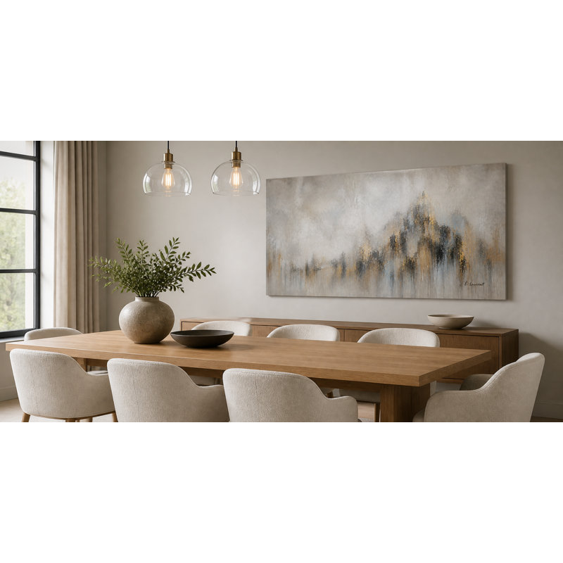 Tableau panoramique abstrait de montagne gris brumeux et or sur toile tendue, 27.5" H x 55" W x 1.5" D
