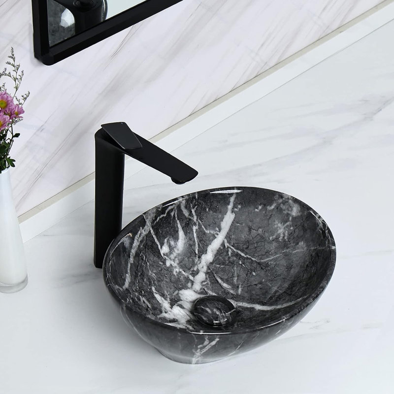 Davivy 13.2'' Marbling Black Oval Vessel Bathroom Sink with Pop Up Drain