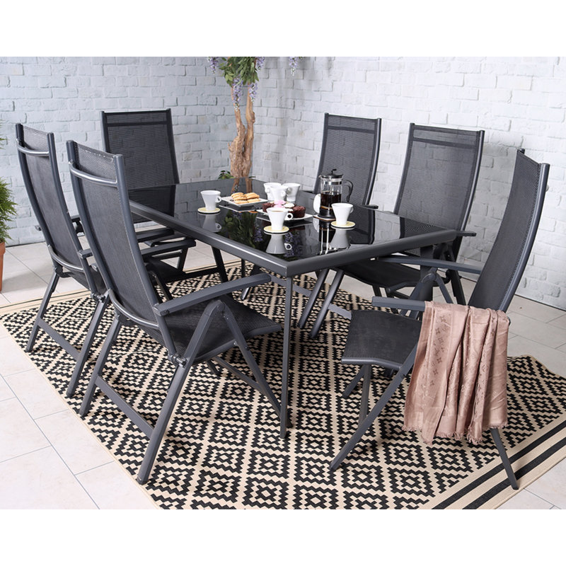 SORRENTO 6 Seater Black Rectangular Recliner Set with Textylene Multi Position Chairs