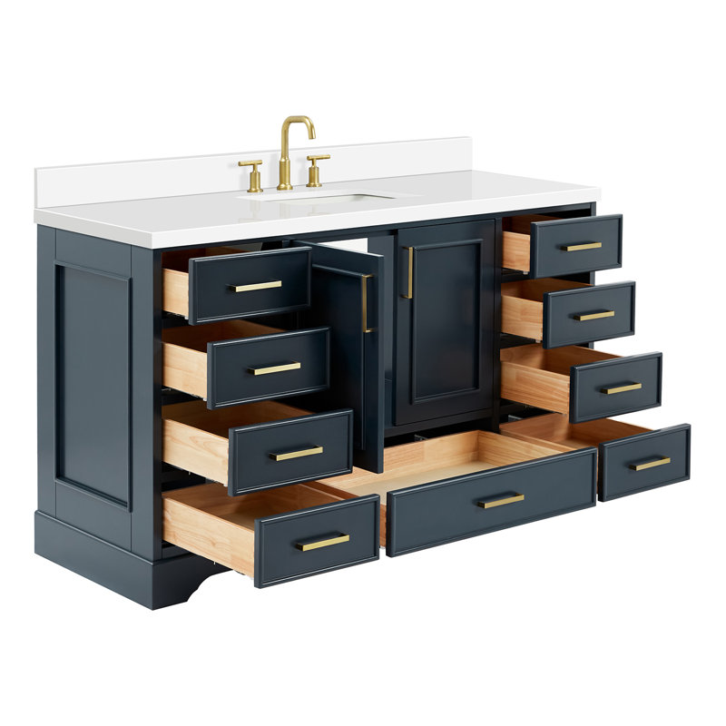 61'' Single Bathroom Vanity with White Quartz Top, Midnight Blue, 61"