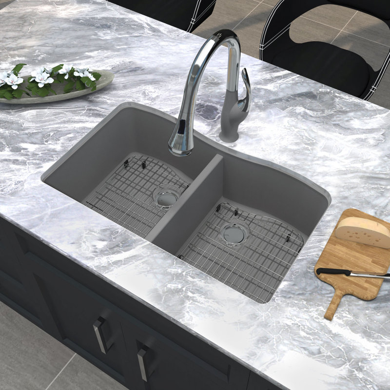32'' L Double Bowl Granite Kitchen Sink, Gray