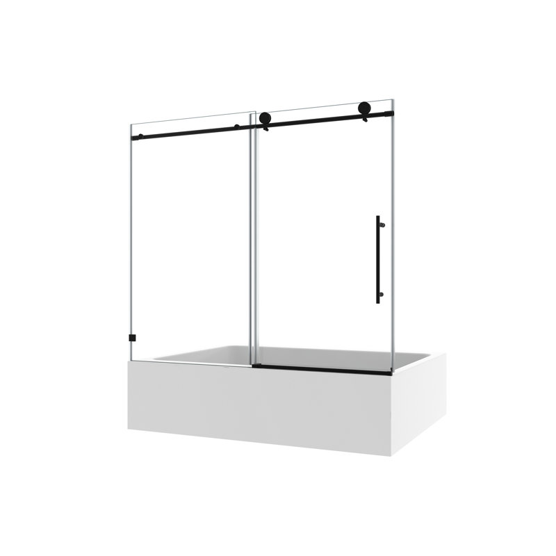 6063, sans cadre, une porte de douche fixe et une porte décalée en chrome, Noir mat