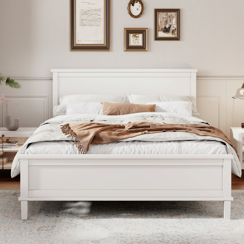 Full Size Mid-Century Platform Bed with Headboard and Wood Slat Suppor - White, White