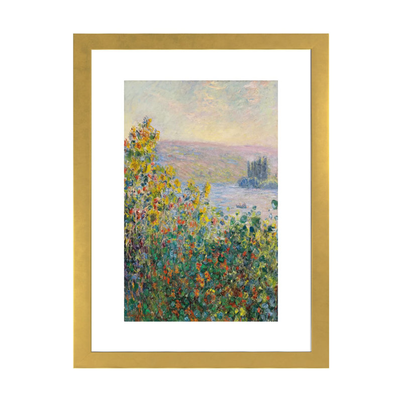 Parterres de fleurs à Vetheuil par Claude Monet - reproduction d'art, H 32 po x l 24 po x P 1 po, Papier encadré doré, Blanc