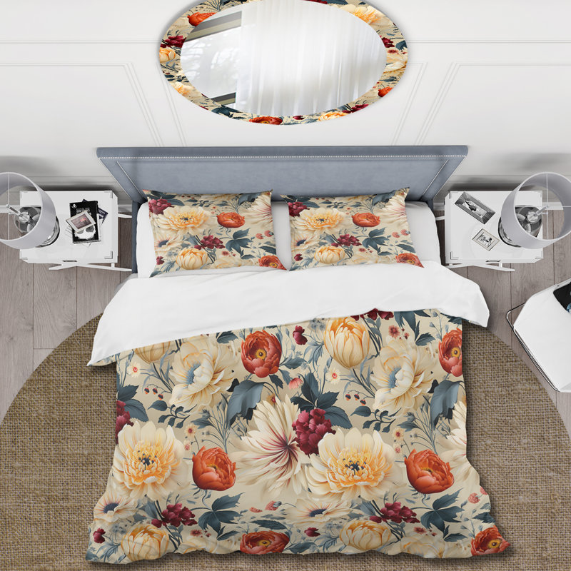 Ensemble de housse de couette floral beige et rose avec éclectisme floral, Housse de couette pour grand lit et 2 taies décor