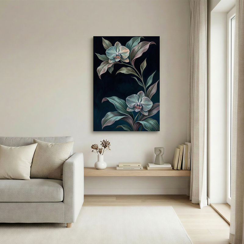 «Blue Orchids» avec feuilles bleu sarcelle sur fond sombre, art mural, 48"H x 36"W