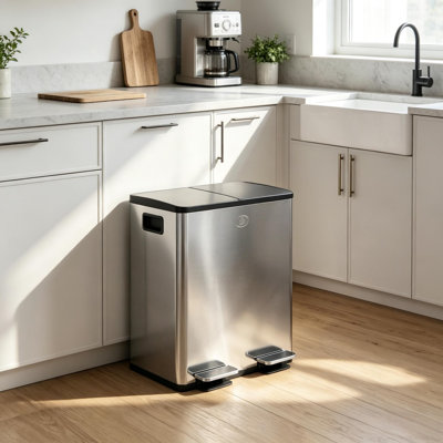 10 Gallon Dual Compartment Step Trash Can with Stainless Steel, Fingerprint-Proof Silver Finish, Dual Pedals & Soft-Close Lids, Waste Sorting Recycling Bin for Kitchen