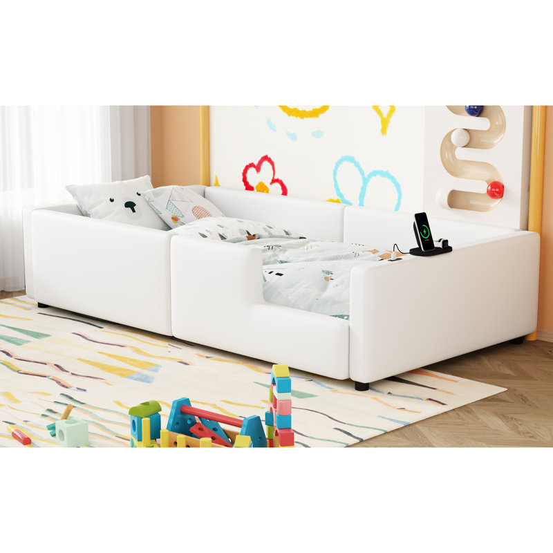 Lit plateforme simple tapissier avec garde-corps et charge - blanc