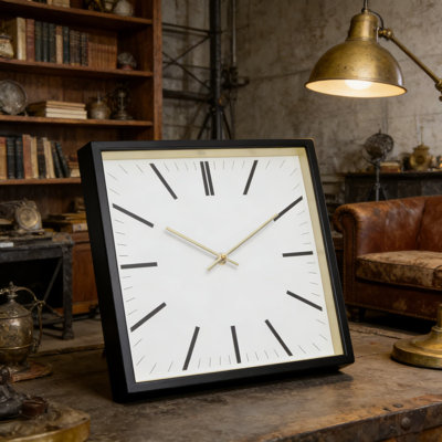 Modern Square Wall Clock 16 Inch With Quartz Movement, Minimalist Black Frame And Gold Trim, Glass Face For Contemporary Home Or Office Décor