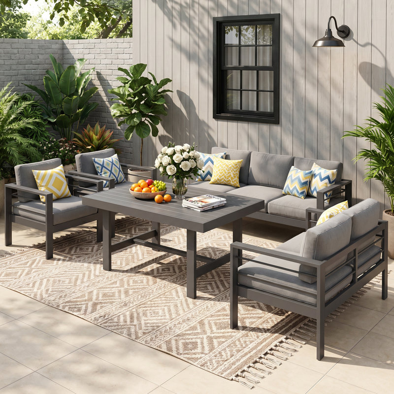Brandtley 7 - Person Patio Conversation Set with Cushions, Gray Frame/Gray Cushion