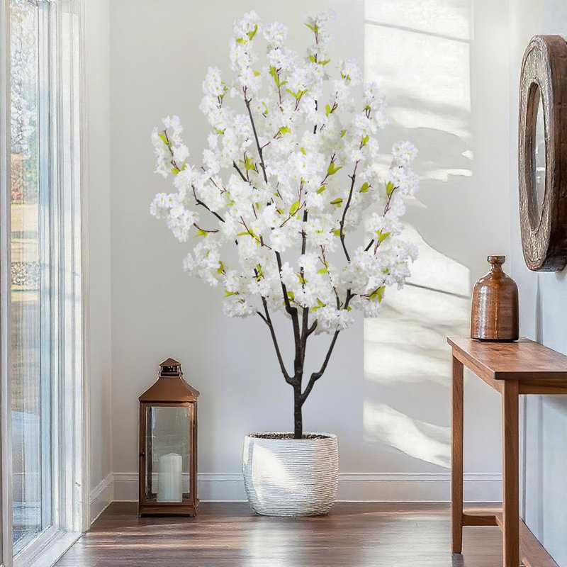Arbre de fleurs de cerisier artificiel de 6 pi en pot, arbre de fleurs de cerisier artificiel avec fleurs blanches, plante de fleur de cerisier artificielle réaliste pour un décor intérieur et extérieur