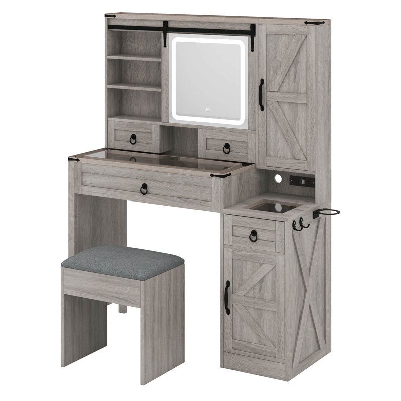 Vanity Desk With Sliding Mirror And Lights, Vanity Set With Glass Top And Charging Station, Dressing Table With 4 Drawers And 2 Cabinets