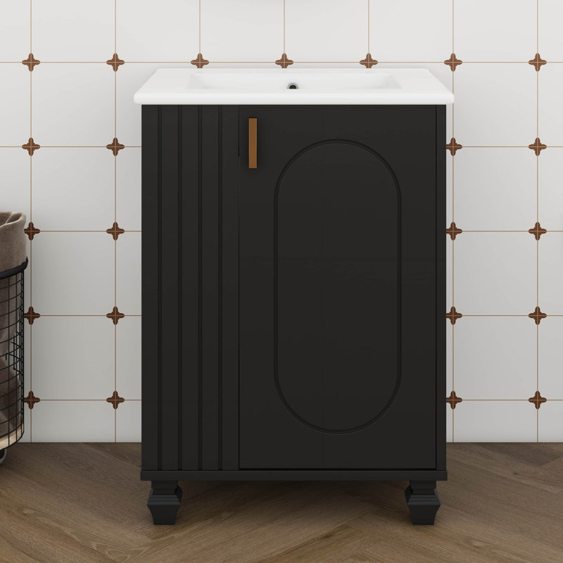 Meuble-lavabo 24 po avec lavabo, armoire de rangement simple autoportante avec tablette de porte, rangement latéral ouvert, porte à fermeture douce