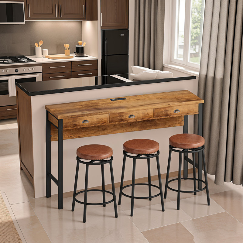 Arcole 3-Drawer Long Dining Table Set with Power Outlets, Bar Kitchen Table Set with Circular Stools, Brown, Brown/Black