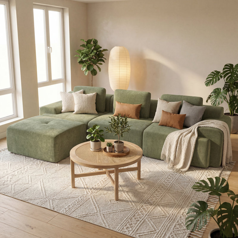 122" Wide Sectional Compression Sofa With Modular Seating Plush Cushions & Ottoman, Green Polyester