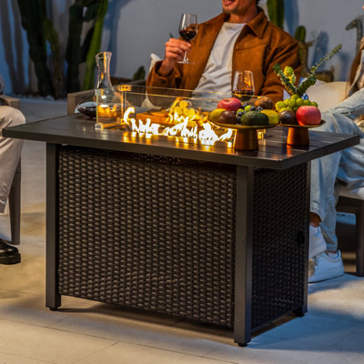 Werph 25'' H x 43'' W Outdoor Gas Fire Pits Table for Patio, Wicker Fire Pit Table for Outside, Black