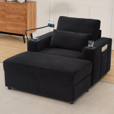 Fauteuil de style moderne avec fauteuil de 42,5 po avec repose-pieds mobile, deux ports USB, deux porte-gobelets, un porte-téléphone et des poches latérales pour le salon, noir