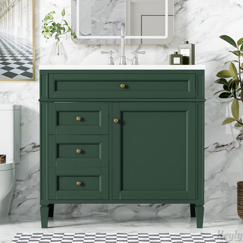 Meuble-lavabo 36 po avec lavabo supérieur, 2 tiroirs et un tiroir basculant, Grenat / vert, Doré