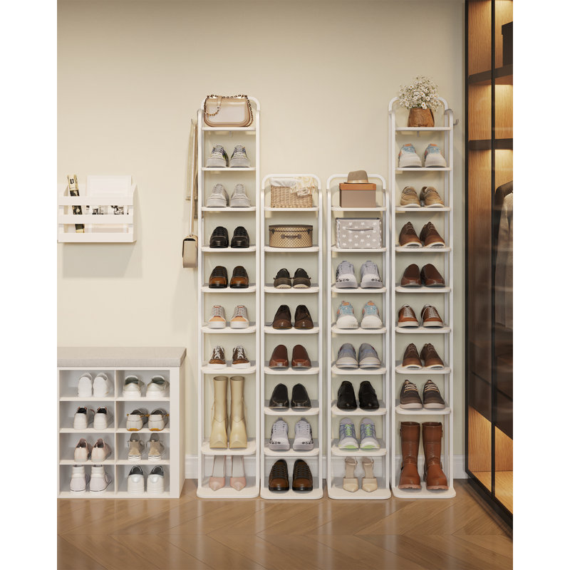 Vertical Shoe Rack, Shoe Shelves, Wood Shoe Organizer for Closet, Entryway, Shoe Tower for Small Spaces, Free Standing, Adjustable, with 2 Hooks