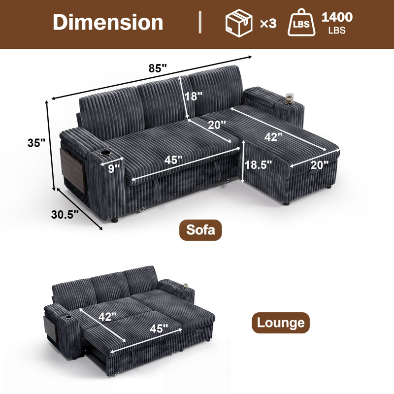 Canapé-lit de 85 pouces à 3 places avec dossier réglable, table basse pliable, porte-gobelets, ports USB et de type C, poches de rangement, parfait pour la maison, l'hôtel, un appartement et un dortoir