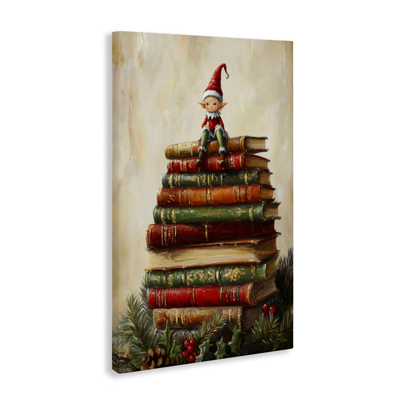 Toile de bibliothèque de Noël Elf, par Petal Prints Design, H 24 po x l 16 po