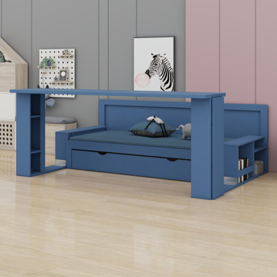 Lit de jour avec bureau amovible, tiroirs de rangement et table d'appoint hydraulique