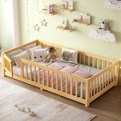 Twin Size Bed Floor Bed With Safety Guardrails And Door