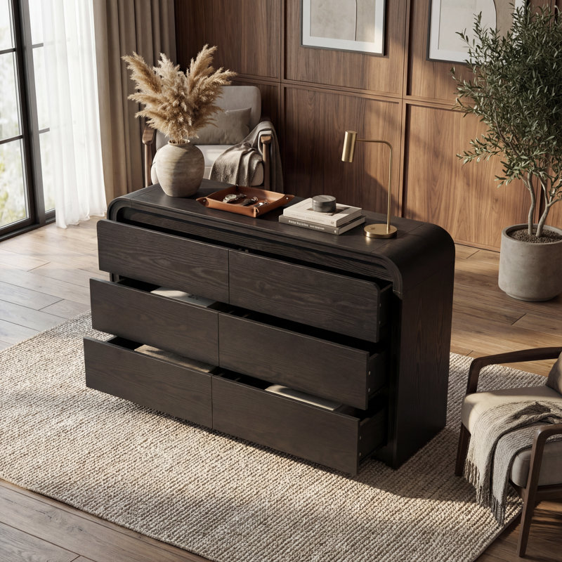Curved Edge 47.24" Width MDF 6-Drawer Dresser Storage Accent Chest, Black