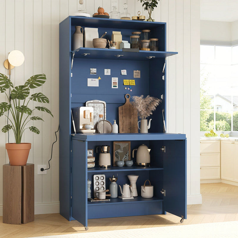 Garde-manger compact, buffet de 69 po de hauteur avec huche et poste de travail pliable, armoire de rangement multifonctionnelle avec tablette réglable et prise de courant