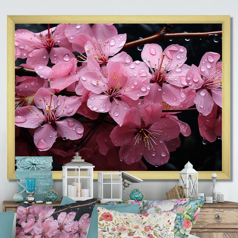 Fleur de cerisier rose, joyau de jardin II - art mural cerisier en fleurs, Cadre doré à coins fermés