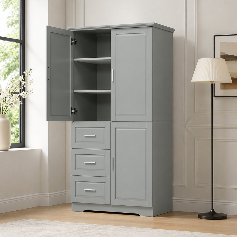 Armoire de rangement haute et large avec portes pour salle de bain / bureau, trois tiroirs