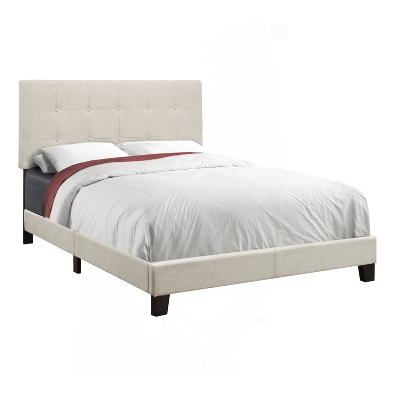 Lit, lit double, chambre à coucher, rembourré, aspect lin beige, pieds en bois noir, transitionnel