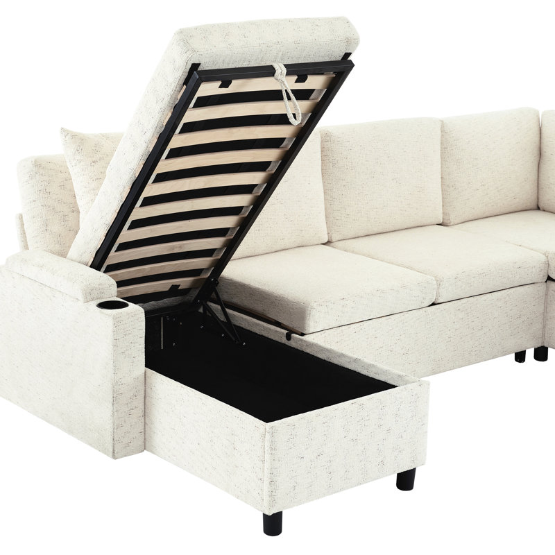 Espace de vie spacieux avec rangement caché, chaise de rangement moderne beige et coussins amovibles,, Chenille beige