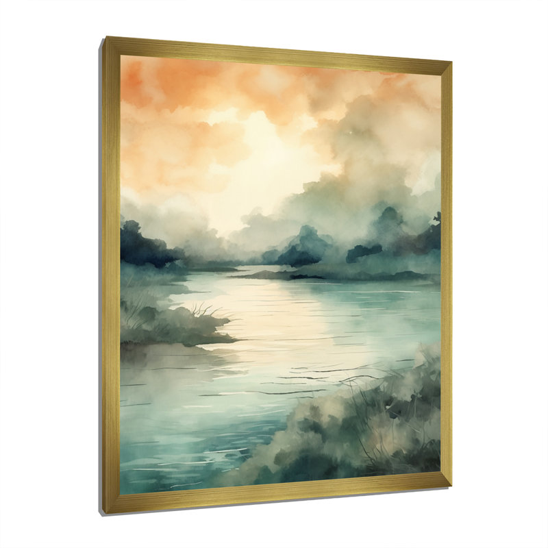 Coucher de soleil sur le lac, aquarelle rétro, H 40 po x l 30 po x P 1,5 po, Cadre photo doré simple