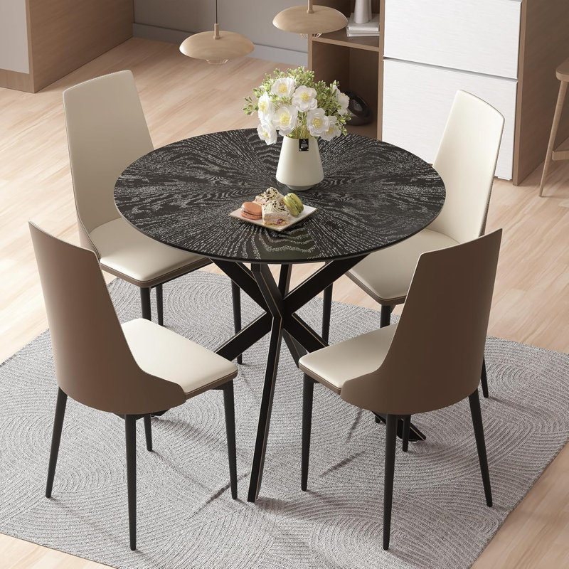 Round Dining Table Set, Small Kitchen Table and Chairs Set 36 inch Modern Metal Cross Base Dinner Table, 5