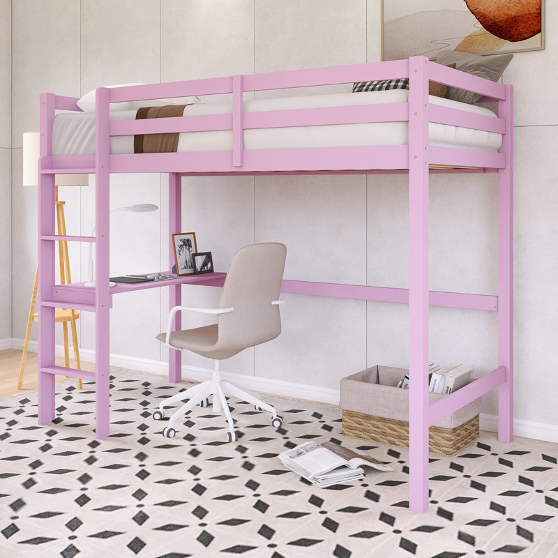 Wood Frame Twin Size High Loft Bed With Safety Guardrail And Built-In Desk, Pink