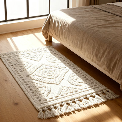 Woven Fringe Bathroom Rug Set, 100% Cotton Premium Bath Mats, 2 Piece (White)