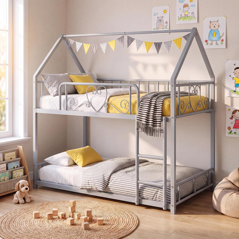 Twin Over Twin Bed, House Bunk Bed Frame with Ladder, Gris