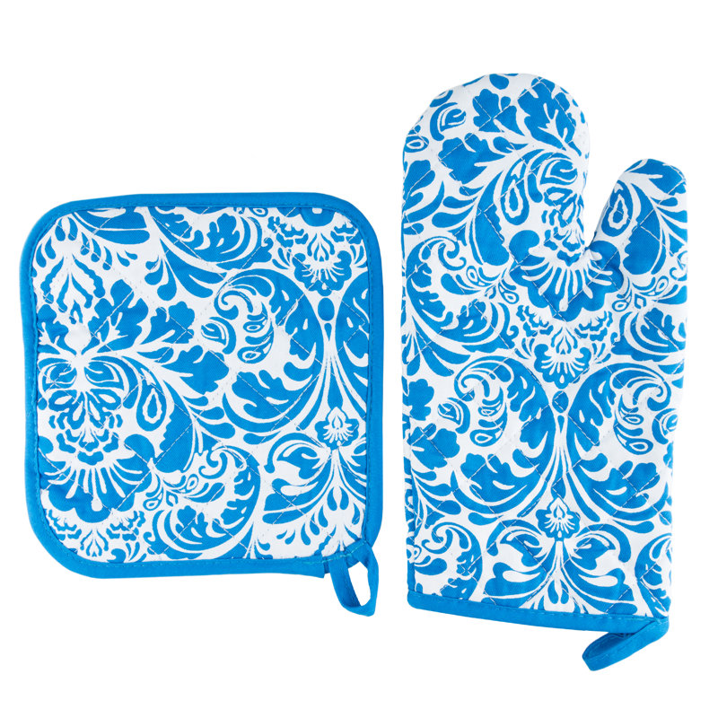 Blue and White Cotton Quilted Oven Mitt and Pot Holder Set